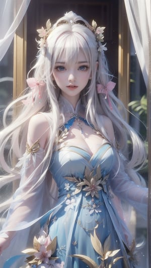 1 Japanese girl, (white hair), (big curly hair), (pink highlights at the ends of hair), (medium chest), (medium cleavage), (transparent direct-view dress), (transparent direct-view dress ),ancient China