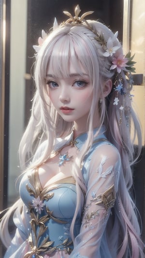 1 Japanese girl, (white hair), (big curly hair), (pink highlights at the ends of hair), (medium chest), (medium cleavage), (transparent direct-view dress), (transparent direct-view dress ),ancient China