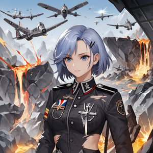 zur lane meta style, score_9, score_8_up, score_7_up, 1girl, solo, upper body, portrait, military uniform, torn clothes, BREAK flight deck, aircraft, robot, molten rock, detailed background, detailed middle ground