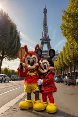 A majestic depiction of a life-sized Blue Mickey Mouse standing triumphantly on the iconic Champs-Élysées boulevard, surrounded by the City of Love's charming atmosphere. The Red Mascot's gleaming fur glistens under the soft, golden glow of late afternoon sunlight, while the Eiffel Tower rises majestically in the background, its iron latticework shimmering with a warm, honey-like tone. The subject stands confidently, one paw placed slightly ahead of the other, as if embracing the beauty and romance of the French capital.