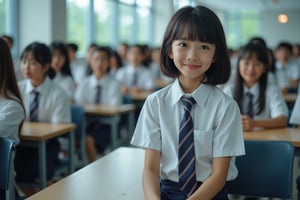 MAGAZINE COVER WITH TEXT SAYING "Try Flux Now" TEXT, 1girl, full body shot front view of small skinny pretty Thai girl wearing a school uniform sitting in the modern futuristic classroom in 2030, crowd of students in background