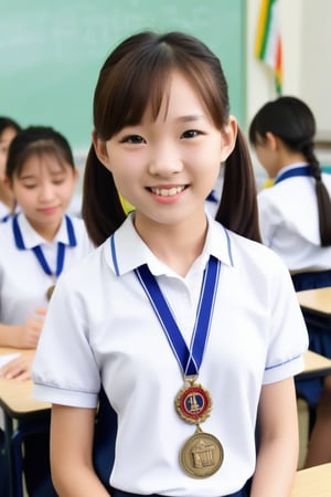 Alone, 1girl, full body shot front view of small skinny Asian girl wearing a white school uniform, school medals, close up, classroom, shy smile, crowd, more reasonable Details,extremely detailed