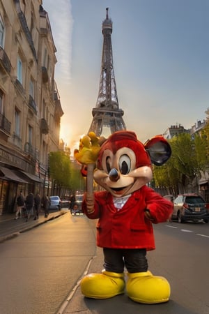 A majestic depiction of a life-sized Blue Mickey Mouse standing triumphantly on the iconic Champs-Élysées boulevard, surrounded by the City of Love's charming atmosphere. The Red Mascot's gleaming fur glistens under the soft, golden glow of late afternoon sunlight, while the Eiffel Tower rises majestically in the background, its iron latticework shimmering with a warm, honey-like tone. The subject stands confidently, one paw placed slightly ahead of the other, as if embracing the beauty and romance of the French capital.