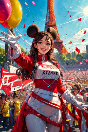 A majestic life-sized Mickey Mouse, dressed in a gleaming white and red uniform, marches proudly down the center aisle of the Olympic stadium. The iconic Eiffel Tower rises majestically behind him, its iron latticework glistening in the sunlight. Confetti and balloons swirl around Mickey as he waves to the cheering crowd, his gloved hand holding a giant torch aloft.