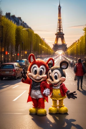 A majestic depiction of a life-sized Blue Mickey Mouse standing triumphantly on the iconic Champs-Élysées boulevard, surrounded by the City of Love's charming atmosphere. The Red Mascot's gleaming fur glistens under the soft, golden glow of late afternoon sunlight, while the Eiffel Tower rises majestically in the background, its iron latticework shimmering with a warm, honey-like tone. The subject stands confidently, one paw placed slightly ahead of the other, as if embracing the beauty and romance of the French capital.