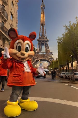 A majestic depiction of a life-sized Blue Mickey Mouse standing triumphantly on the iconic Champs-Élysées boulevard, surrounded by the City of Love's charming atmosphere. The Red Mascot's gleaming fur glistens under the soft, golden glow of late afternoon sunlight, while the Eiffel Tower rises majestically in the background, its iron latticework shimmering with a warm, honey-like tone. The subject stands confidently, one paw placed slightly ahead of the other, as if embracing the beauty and romance of the French capital.