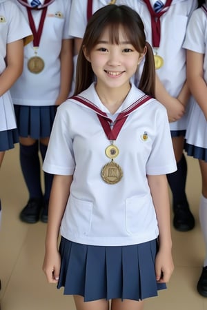 Alone, 1girl, full body shot front view of small skinny Asian girl wearing a white school uniform, school medals, close up, classroom, shy smile, crowd, more reasonable Details,extremely detailed