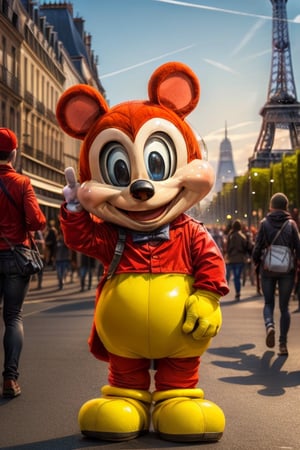 A majestic depiction of a life-sized Blue Mickey Mouse standing triumphantly on the iconic Champs-Élysées boulevard, surrounded by the City of Love's charming atmosphere. The Red Mascot's gleaming fur glistens under the soft, golden glow of late afternoon sunlight, while the Eiffel Tower rises majestically in the background, its iron latticework shimmering with a warm, honey-like tone. The subject stands confidently, one paw placed slightly ahead of the other, as if embracing the beauty and romance of the French capital.