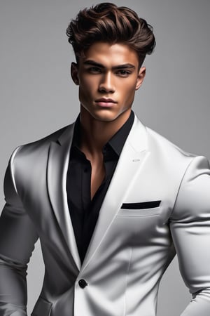 Handsome Young Man ((of 20yo)) ((in black men's suit, white dress shirt))  tall stature, muscular, large pecs, dull hair, dark lashes, arrogant face, moody, reserved, beautiful eyes, cinematic lighting, Hyperrealism, 8k 