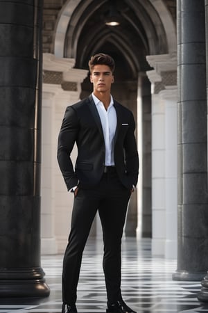 ((full body)) Handsome Young Man ((of 20yo)) in Black Suit_White Dress Shirt  (tall stature) muscular, large pecs, dull hair, dark lashes, arrogant face, moody, reserved, beautiful eyes, cinematic lighting, Hyperrealism, 8k 