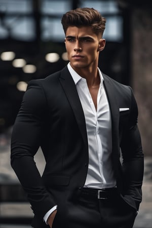 ((full body)) Handsome Young Man ((of 20yo)) in Black Suit_White Dress Shirt  (tall stature) muscular, large pecs, dull hair, dark lashes, arrogant face, moody, reserved, beautiful eyes, cinematic lighting, Hyperrealism, 8k 