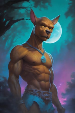 Frederick "Fred" Jones, Scooby-Doo, Where Are You!, extremely supernatural colours, normal skin Highly detailed, highly cinematic, close-up image of a deity of magic, perfect composition, psychedelic colours, magical flowing mist, forest nature, skynight, stars, silver-fullmoon, metallic ink, beautifully lit, a fine art painting by Peter Mohrbacher and wlop, epic art, dark and mysterious, Alberto Mielgo, djamila knopf, 
