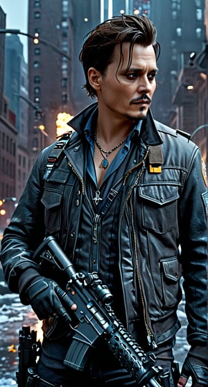 Confident a young Johnny Depp, Powerfull in (The Division pc game style gear), rifle in hands, Distopian New York background, (full body portrait:1.4), (dynamic pose, random pose, modeling:1.2) volumetric lighting, 8k octane beautifully detailed render, post-processing, portrait, extremely hyper-detailed, intricate, epic composition, cinematic lighting, masterpiece, very very detailed, masterpiece, stunning Detailed matte painting, deep color, fantastical, intricate detail, splash screen, complementary colors, fantasy concept art, 8k resolution, Unreal Engine 5, chiaroscuro, bioluminescent, Volumetric light, auras, rays, vivid colors(face in frame:1.4), (editorial medium full body shot photography), (8k, RAW photo, best quality, masterpiece:1.4), twilight lighting, volumetric lighting, natural lighting, beautiful lighting, trending on ArtStation, trending on CGSociety, dramatic lighting, by artgerm, by Liang Xing, by WLOP, immersive atmosphere, (chiaroscuro:0.2),Extremely Realistic,SDXL