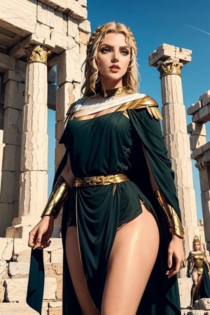 A sexy warrior woman in Greek myth golden armor, black clothes,  red cape stands on the Temple of Athena Nike., Alexia, blonde hair, green eyes, ,1girl, Alexia