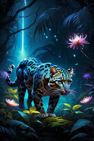 ( ( Blacklight paint against subdued color Digital art Supernatural Nighttime rainforest, beautiful clouded_leopard, bioluminescent night blooming flowers, Moonlight, warm tones, mystical atmosphere, enchanting, Mystery, serenity, light particles, ethereal, whimsical, digital painting by loish, carne griffiths ) ), Realistic illustration, detailed by slawomir maniak, pascal campion, digital art, league of legends splashscreen, swirling souls, vortex of petals, fireflies, wallpaper design, detailed photo 8 k, background image, award winning graphic novel, light particles, dynamic composition
