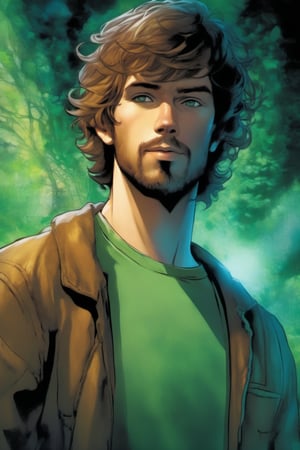 Norville “Shaggy” Rogers, (brown_hair brown_eyes brown_goatee handsome_young_man green_t-shirt),  Scooby-Doo Where Are You!, extremely supernatural colours, Highly detailed, highly cinematic, close-up image of a deity of investigation, perfect composition, psychedelic colours, magical flowing mist, forest nature, silver_fullmoon, lots of details, ink, abstract,  metallic ink, beautifully lit, a fine art painting by drew struzan and karol bak, gothic art, dark and mysterious, ilya kuvshinov, russ mills, 
