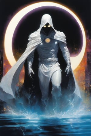 Moon Knight, Marc Spector, Marvel Comics, extremely vibrant colours, normal skin Highly detailed, highly cinematic, close-up image of a deity of magic, perfect composition, psychedelic colours, magical flowing water, forest nature, silver fullmoon, lots of details, rain downpour hurricane thunder lightnings sparkles metallic ink, beautifully lit, a fine art painting by drew struzan and karol bak, gothic art, dark and mysterious, ilya kuvshinov, russ mills, dragonlike

