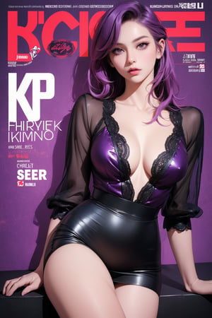 1girl, Charlie Kyrn, looking at viewer, thigh up body, punk-rockstar idol, styled outfit, on stage, professional lighting, red-purple hair, different hairstyle, coloful, magazine cover, best quality, masterpiece,johyun,kmiu,Charlie Kyrn