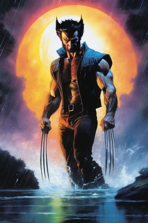 Wolverine, Logan, Marvel Comics, extremely vibrant colours, normal skin Highly detailed, highly cinematic, close-up image of a deity of magic, perfect composition, psychedelic colours, magical flowing water, forest nature, silver fullmoon, lots of details, rain downpour hurricane thunder lightnings sparkles metallic ink, beautifully lit, a fine art painting by drew struzan and karol bak, gothic art, dark and mysterious, ilya kuvshinov, russ mills, dragonlike
