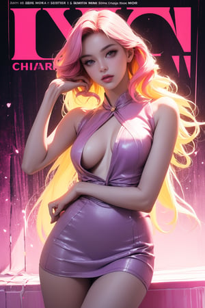 1girl, Charlie Kyrn, looking at viewer, thigh up body, rockstar idol, styled outfit, on stage, professional lighting, red-pink-purple-yellow hair, different hairstyle, coloful, magazine cover, best quality, masterpiece,johyun,kmiu,Charlie Kyrn