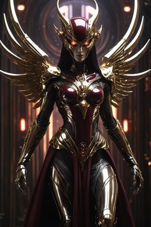(((Full body portrait))), Futuristic alien woman goddess, Tercio-like mask, in polished chrome armor with glowing angel-like eyes, gold and red_burgundy purple_burgundy  accents, unknown materials, realistic detailed digital painting, cinematic lighting, fantasy, character design by Craig Mullins and H. R. Giger, 4k resolution,futuristic alien