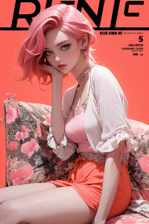 1girl, Charlie Kyrn, looking at viewer, thigh up body, punk-rockstar idol, styled outfit, on stage, professional lighting, red-orange-magenta-pink hair, different hairstyle, coloful, magazine cover, best quality, masterpiece,johyun,kmiu,Charlie Kyrn