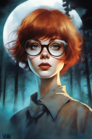 Vilma Dinkley, ( short brown_red hair), (bob haircut), (fogged glasses), Scooby-Doo Where Are You!, extremely supernatural colours, Highly detailed, highly cinematic, close-up image of a deity of investigation, perfect composition, psychedelic colours, magical flowing mist, forest nature, silver_fullmoon, lots of details, ink, abstract,  metallic ink, beautifully lit, a fine art painting by drew struzan and karol bak, gothic art, dark and mysterious, ilya kuvshinov, russ mills, 
