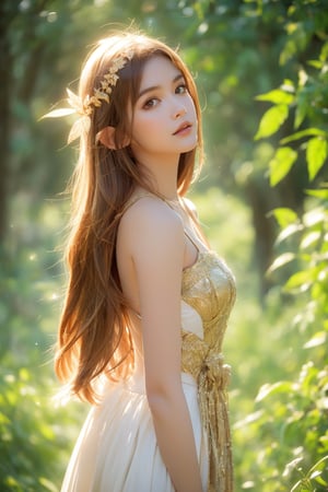  In the ruins of a mottled ancient forest, an elf princess stood tall, her staff raised high, beams of warm sunlight filtered through the woods, casting a golden halo around her noble body. Her revealing, glamorous clothes shimmer in the soft light, while lush foliage and vines surround her, creating a lush environment. The camera captures a clear focus on the princess's face, looking out at the viewer. The rule of thirds composition places her at the intersection of two diagonals. Shot during golden hour, the scene exudes an ethereal mood, inviting the viewer to step into this mysterious realm ,AIDA_LoRA_AnC,(Emma Watson:0.8),