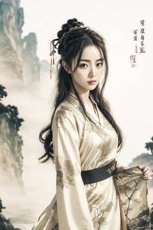  The heroine of the Chinese costume drama "Mo Yu Yun Jian" holds a landscape painting, unfolds the scroll, and watches