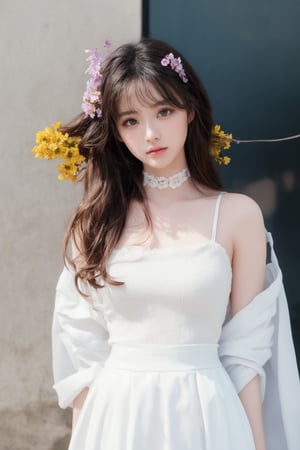 analog photo, a cute girl, 22 years old, black hair, pale skin,White soft satin skirt, choker,((using flowers cover left eyes)), vintage, faded film, film grain,  dark background,Illustration,beautiful deatailed shadow,dust,tyndall effect,lots of detail,hyperdetalization,Upper body