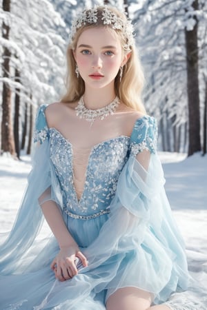 best quality, masterpiece, In the serene beauty of a snowy Russian forest, a girl with very long wavy blonde hair captures the essence of Rococo style with a contemporary twist. Adorned with lavish jewelry that mirrors the crystalline snowflakes around her, she wears the latest fashion trends that pay homage to Russia's rich heritage. The picturesque setting, a testament to Russia's natural splendor, serves as the perfect canvas for her striking appearance, blending timeless elegance with modern flair to create a breathtaking vision of beauty and grace. ultra realistic illustration,siena natural ratio, by Ai Pic 3D, cinematic lighting, ambient lighting, sidelighting, cinematic shot, head to thigh portrait, digital art, ultra hd, realistic, vivid colors, extremely detailed, photography, ultra hd, realistic, vivid colors, highly detailed, UHD, perfect composition, beautiful detailed intricate insanely detailed octane render trending on artstation, 8k artistic photography, photorealistic concept art, soft natural volumetric cinematic perfect light.(Emma Watson:0.8),1 girl,beaded flower decoration,future0603