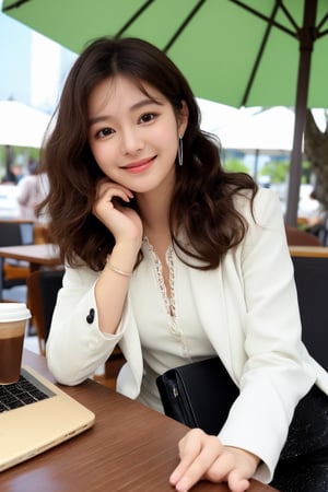 paris,street,outdoor cafe,parasol,table((coffee cups(straw),laptop,book,cellphone)),shoulder bag,
20 yo, 1 girl, beautiful korean girl,happy smile,drinking coffee,sitting(close legs) on the chair,
wearing white tight suit(laced blouse and jacket), tight short skirt,solo, {beautiful and detailed eyes}, dark eyes, calm expression, delicate facial features, ((model pose)), Glamor body type, (dark hair:1.2),hair_past_waist,curly hair,very long hair,simple tiny earrings, flim grain, realhands, masterpiece, Best Quality, 16k, photorealistic, ultra-detailed, finely detailed, high resolution, perfect dynamic composition, beautiful detailed eyes, eye smile, ((nervous and embarrassed)), sharp-focus, full_body, cowboy_shot,