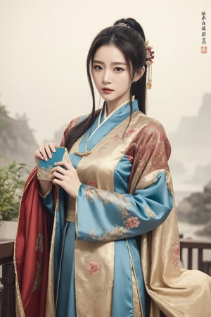  The heroine of the Chinese costume drama "Mo Yu Yun Jian" holds a landscape painting, unfolds the scroll, and watches