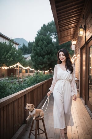 A stunning 22-year-old Indian Instagram model, Kristinapimenova's muse, donning long earrings and adorned with luscious brownish hair, walks with a playful dog-like stride, her warm smile illuminating the scene. Her large brown eyes sparkle as she traverses amidst the cozy wooden pergola, string lights, and paper lanterns, casting a magical glow. The surrounding landscape features tall cacti, wooden tables, and stools, blending seamlessly into the lush greenery on the wooden wall in the background, creating an ultra-realistic and serene atmosphere.