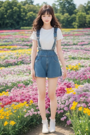 background is flower field,grass field,horizon,wind blowing,petals blowing,16 yo, 1 girl, beautiful girl,smile,
wearing denim overalls skirt,long socks,standing on flower field,holding buquet, cowboy shot,very_long_hair, hair past hip, bangs, curly hair, realhands, masterpiece, Best Quality, 16k, photorealistic, ultra-detailed, finely detailed, high resolution, perfect dynamic composition, beautiful detailed eyes, ((nervous and embarrassed)), sharp-focus, full body shot,pink flower,flower