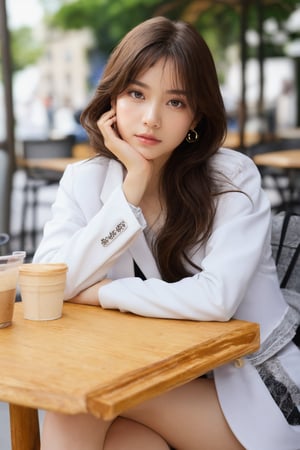 paris,street,outdoor cafe,parasol,table((coffee cups(straw),laptop,book,cellphone)),shoulder bag, 20 yo, 1 girl, beautiful korean girl,happy smile,drinking coffee,sitting(close legs) on the chair, wearing white tight suit(laced blouse and jacket), tight short skirt,solo, {beautiful and detailed eyes}, dark eyes, calm expression, delicate facial features, ((model pose)), Glamor body type, (dark hair:1.2),hair_past_waist,curly hair,very long hair,simple tiny earrings, flim grain, realhands, masterpiece, Best Quality, 16k, photorealistic, ultra-detailed, finely detailed, high resolution, perfect dynamic composition, beautiful detailed eyes, eye smile, ((nervous and embarrassed)), sharp-focus, full_body, cowboy_shot,