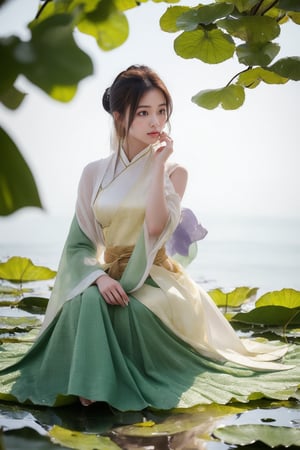 A beautiful woman in a white Hanfu dress sits on a lotus leaf, her flowing skirt and delicate face framed by hair cascading down to her waist. She is surrounded by large green leaves, against a soft yellow background, with gentle lighting creating a dreamy atmosphere. The photograph uses a wide-angle lens, presenting an elegant posture in the style of ancient Chinese art.