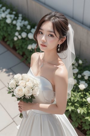 Captured from a high-angle perspective, a beautiful young Asian woman, dressed in a white strapless wedding dress, adorned with a necklace and earrings. She is holding a bouquet of white roses, her hair cascading down her shoulders, adding a touch of beauty to the scene. The backdrop is blurred, creating a stark contrast to her white dress.