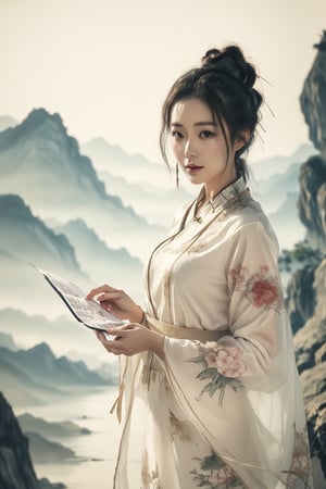 Beautiful woman is holding an unfolded scroll of Chinese landscape painting