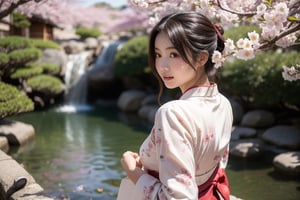 Create an image of a captivating Japanese girl strolling through a traditional Kyoto garden, her dark hair cascading down her back like a waterfall of ebony silk. Her porcelain skin glows with a soft radiance, accentuated by the delicate pink blush on her cheeks. Almond-shaped eyes, the color of rich mahogany, hold a depth of wisdom and tranquility as they gaze upon the vibrant cherry blossoms in bloom. A gentle breeze carries the sweet fragrance of sakura, mingling with the sound of a nearby koto playing a serene melody. She wears a graceful kimono adorned with intricate patterns of cherry blossoms, its soft fabric swaying with her every step, embodying grace and elegance in every movement.,perfect