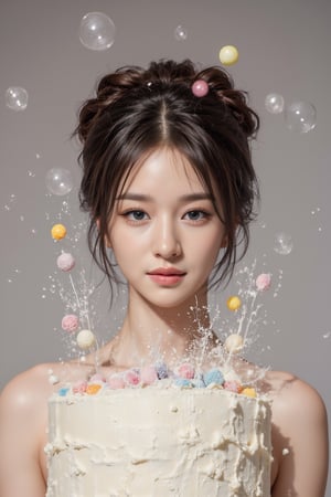 A beautiful 20-year-old girl fell on a cream cake, causing the cream to splash everywhere. When she lands, the air is filled with candies and bubbles floating around her. The scene is quirky and playful, with colorful candies and sparkling bubbles creating a magical, dreamlike atmosphere.