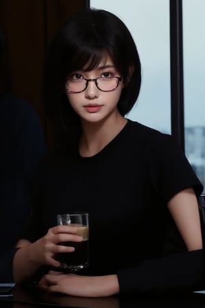 1girl, solo, looking at viewer, short hair, shirt, black hair, holding, sitting, short sleeves, glasses, indoors, black eyes, cup, lips, gun, black shirt, table, drinking glass, realistic