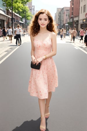 A beautiful woman has golden pink shoulder-length curly hair, a floral dress with spaghetti straps, high-heeled sandals, gemstone earrings, and a bracelet. She is holding a peony in her hand and walking happily on the lively street. 3-point perspective composition.(Emma Watson:0.8),milokk,MizarFeet,