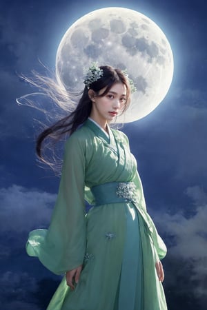 On a mysterious moonlit night, Chang'e wore a light green flowing traditional robe with a translucent veil. She lowered her head slightly, her expression was gentle, and her long hair was flying in the wind. Her hair was studded with delicate silver flowers, adding to her fairy-like air. In the background, the soft glow of a large, bright full moon illuminated her silhouette. Delicate mist and clouds swirl around her like ribbons, adding to the dreamy and mysterious atmosphere. The whole scene exudes a quiet and peaceful atmosphere, as if she appeared from the moon, exuding a beautiful and mysterious atmosphere. Her sleeves were floating in the air, ethereal