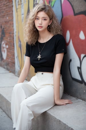 French girl,grey blonde hair(very long hair, curly_hair),hiphop dancer,wearing all black clothes (short sleeves loose fit top and cargo pants),sneakers, sitting at red brick wall(graffiti ),accessories(necklace,ear_rings),Best Quality, 32k, photorealistic, ultra-detailed, finely detailed, high resolution, perfect dynamic composition, beautiful detailed eyes, sharp-focus, cowboy_shot, 