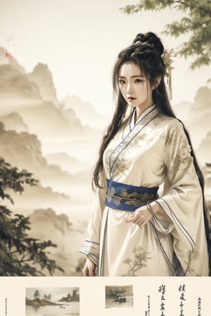  The heroine of the Chinese costume drama "Mo Yu Yun Jian" holds a landscape painting, unfolds the scroll, and watches