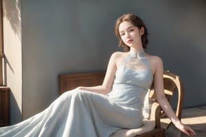 A serene tableau unfolds: the weathered gray-blue wall serves as a stoic backdrop, half-illuminated by warm sunlight that casts a gentle glow. A chair sits askew on the ground, occupied by a stunning woman clad in a flowing white dress. She reclines effortlessly, her body language exuding a sense of confusion and relaxation as she basks in the sun's radiant beams. The entire scene is bathed in a soft, golden light, with the subject's gentle pose and the chair's rustic texture harmonizing in perfect sync.