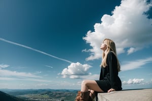 1girl, solo, long hair, blonde hair, boots, sky, day, cloud, scenery