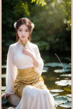 A beautiful woman in a white Hanfu dress sits on a lotus leaf, her flowing skirt and delicate face framed by hair cascading down to her waist. She is surrounded by large green leaves, against a soft yellow background, with gentle lighting creating a dreamy atmosphere. The photograph uses a wide-angle lens, presenting an elegant posture in the style of ancient Chinese art.