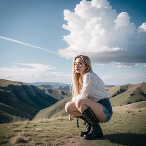 1girl, solo, long hair, blonde hair, boots, sky, day, cloud, scenery